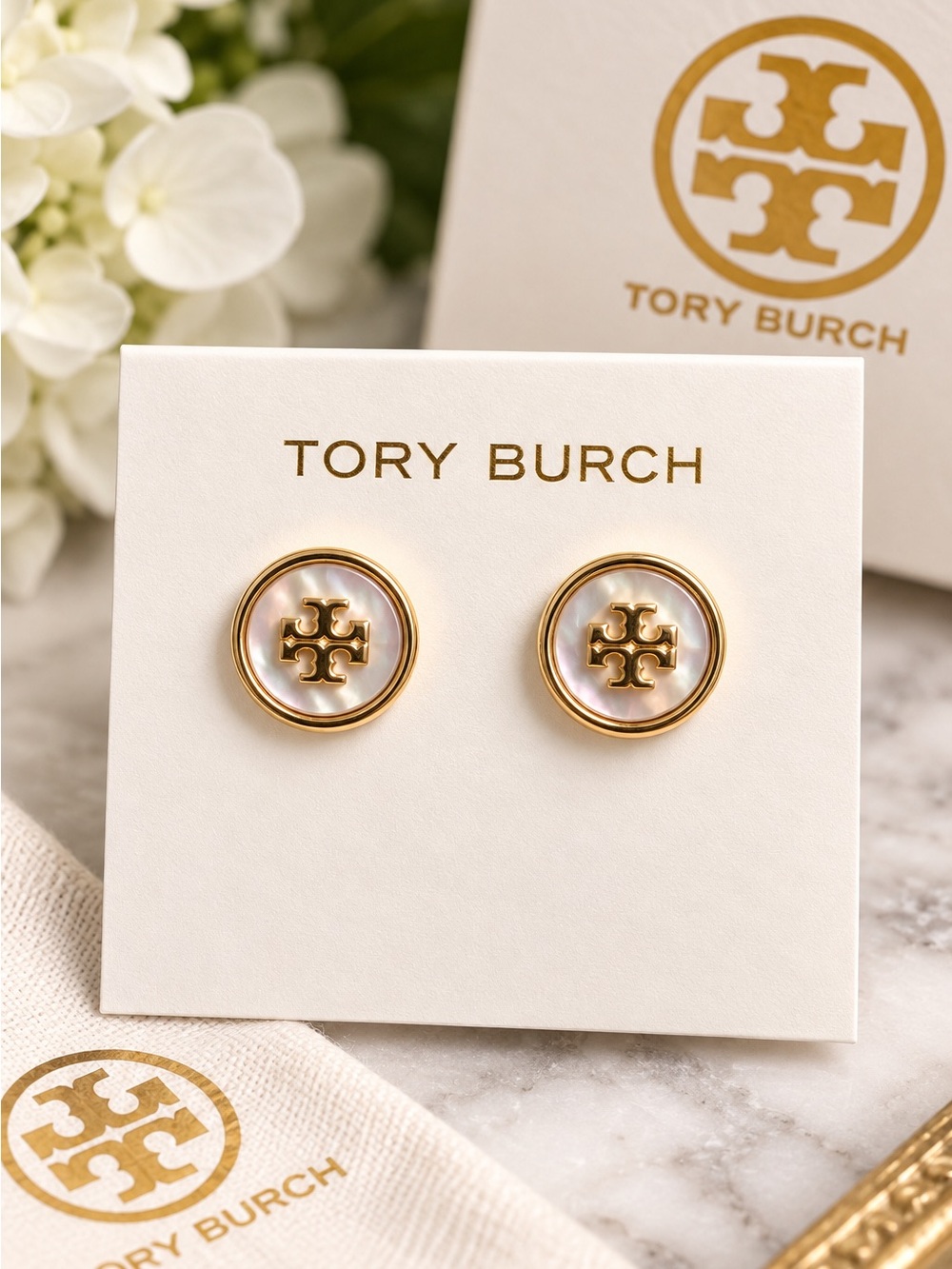 Tory Burch Mother of Pearl Double T Gold Stud Earrings